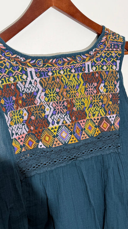 Free People Teal Embroidered Boho Sleeveless Peasant Blouse Relaxed Fit Size Large