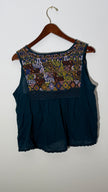 Free People Teal Embroidered Boho Sleeveless Peasant Blouse Relaxed Fit Size Large