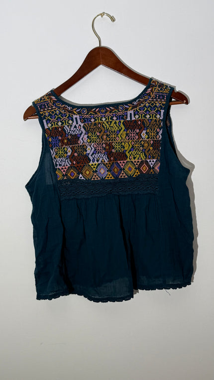 Free People Teal Embroidered Boho Sleeveless Peasant Blouse Relaxed Fit Size Large
