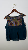 Free People Teal Embroidered Boho Sleeveless Peasant Blouse Relaxed Fit Size Large
