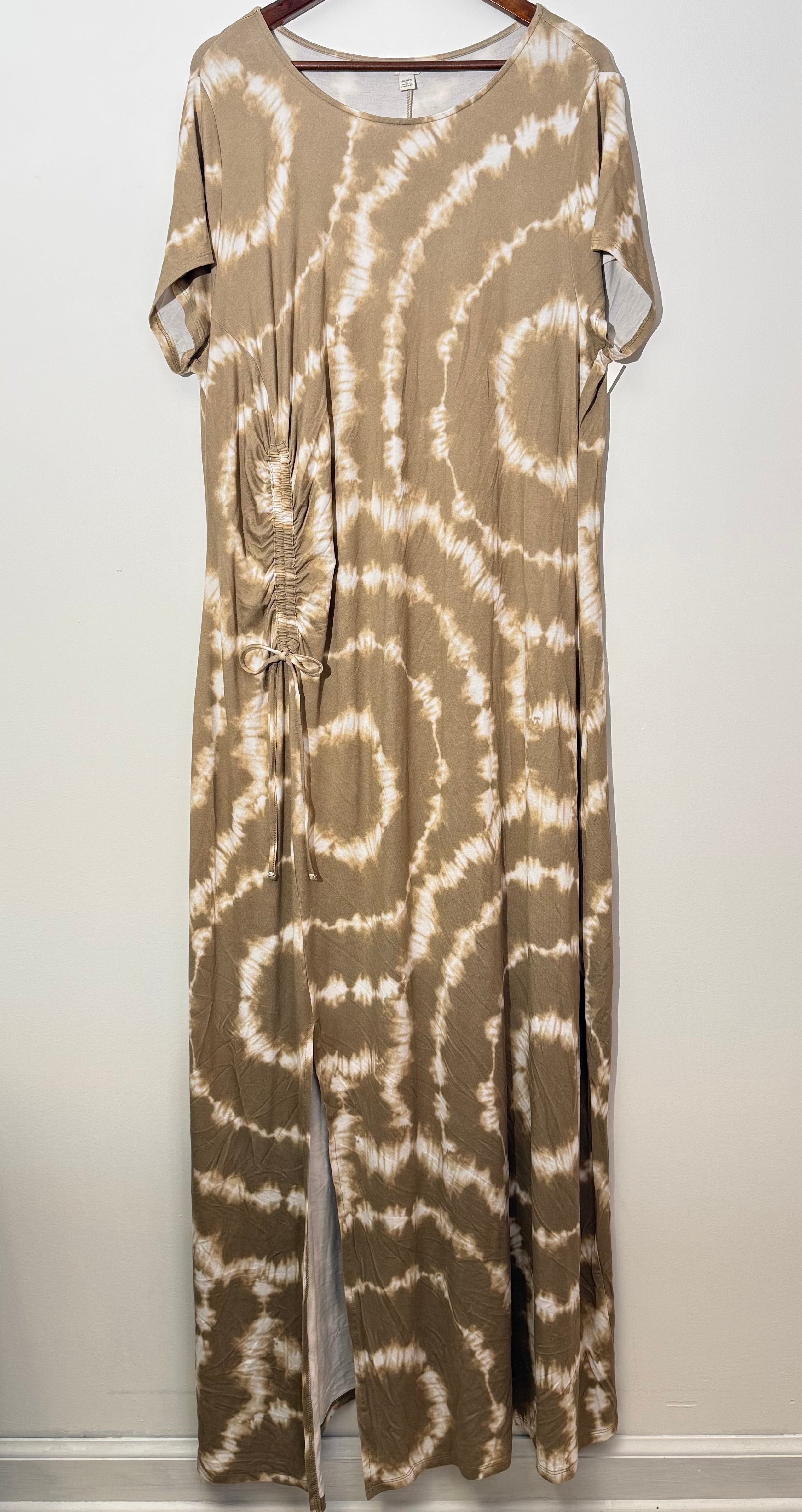 Cato Tan and White Tie Dye Short Sleeve Ruched Maxi Dress Relaxed Fit Size 18/20W