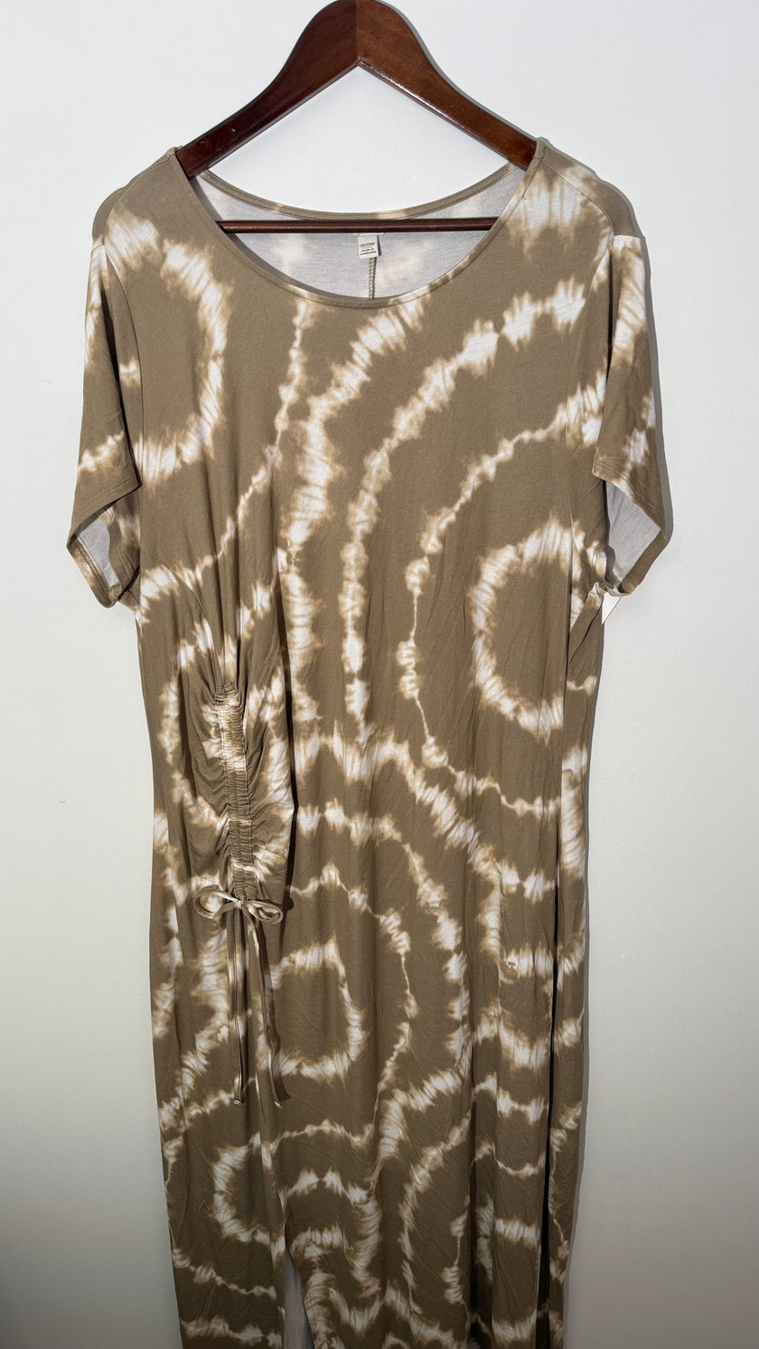 Cato Tan and White Tie Dye Short Sleeve Ruched Maxi Dress Relaxed Fit Size 18/20W