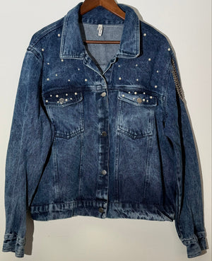 Denim Jacket Acid Wash Faux Pearl Embellished Denim Jacket Boxy Fit Size 2X
