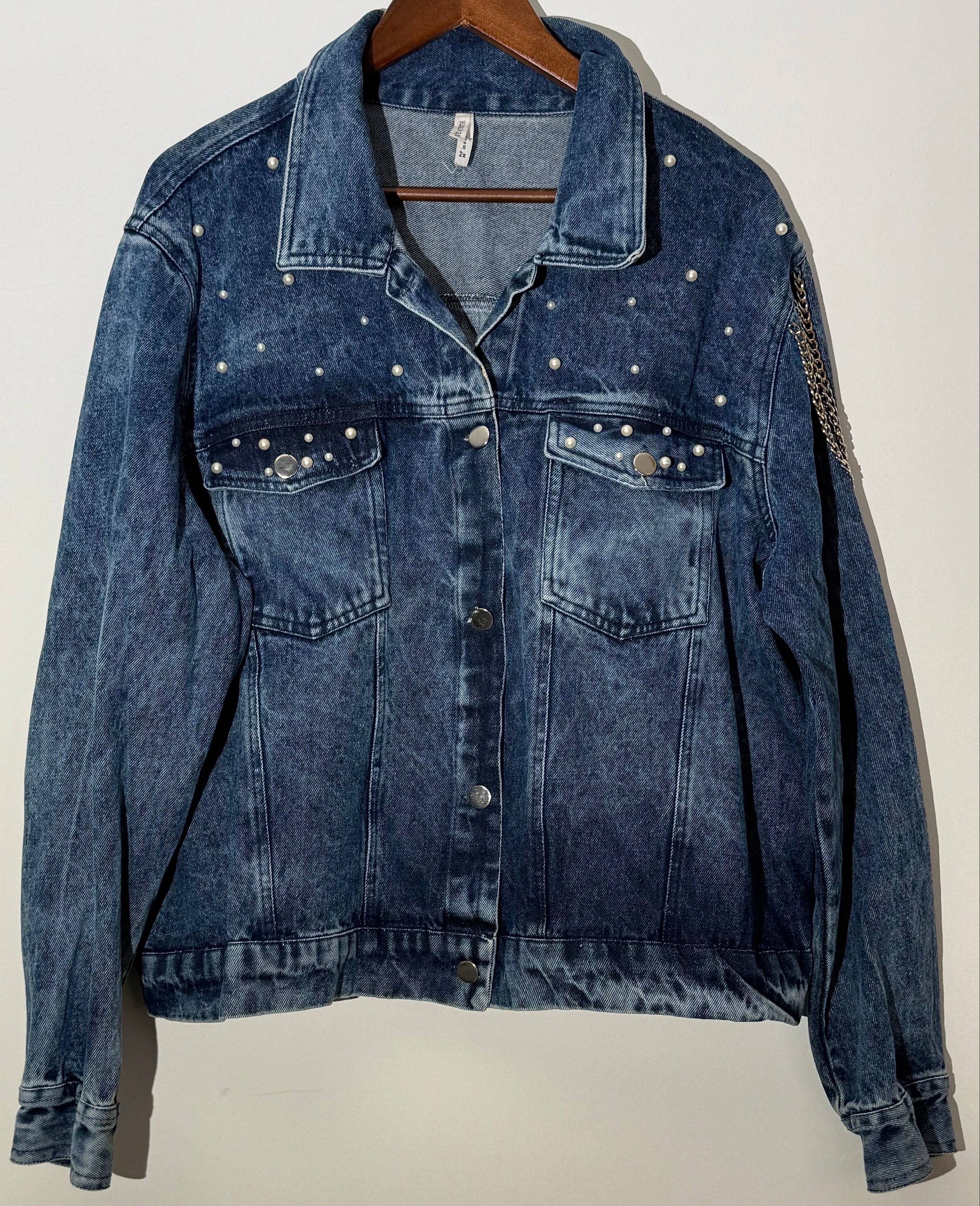 Denim Jacket Acid Wash Faux Pearl Embellished Denim Jacket Boxy Fit Size 2X