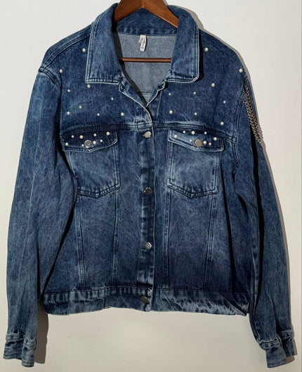 Denim Jacket Acid Wash Faux Pearl Embellished Denim Jacket Boxy Fit Size 2X
