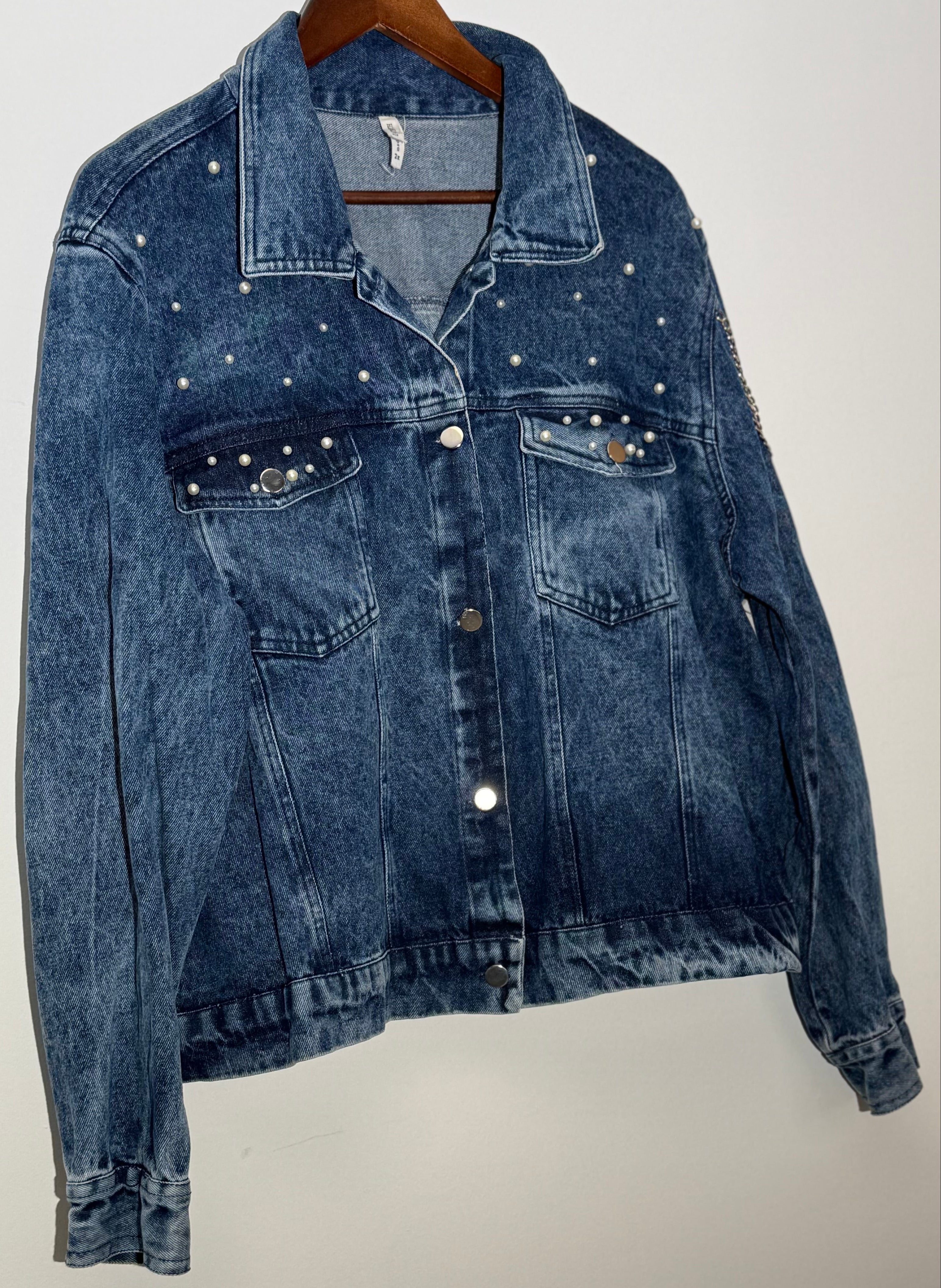 Denim Jacket Acid Wash Faux Pearl Embellished Denim Jacket Boxy Fit Size 2X