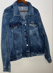 Denim Jacket Acid Wash Faux Pearl Embellished Denim Jacket Boxy Fit Size 2X