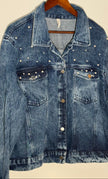 Denim Jacket Acid Wash Faux Pearl Embellished Denim Jacket Boxy Fit Size 2X