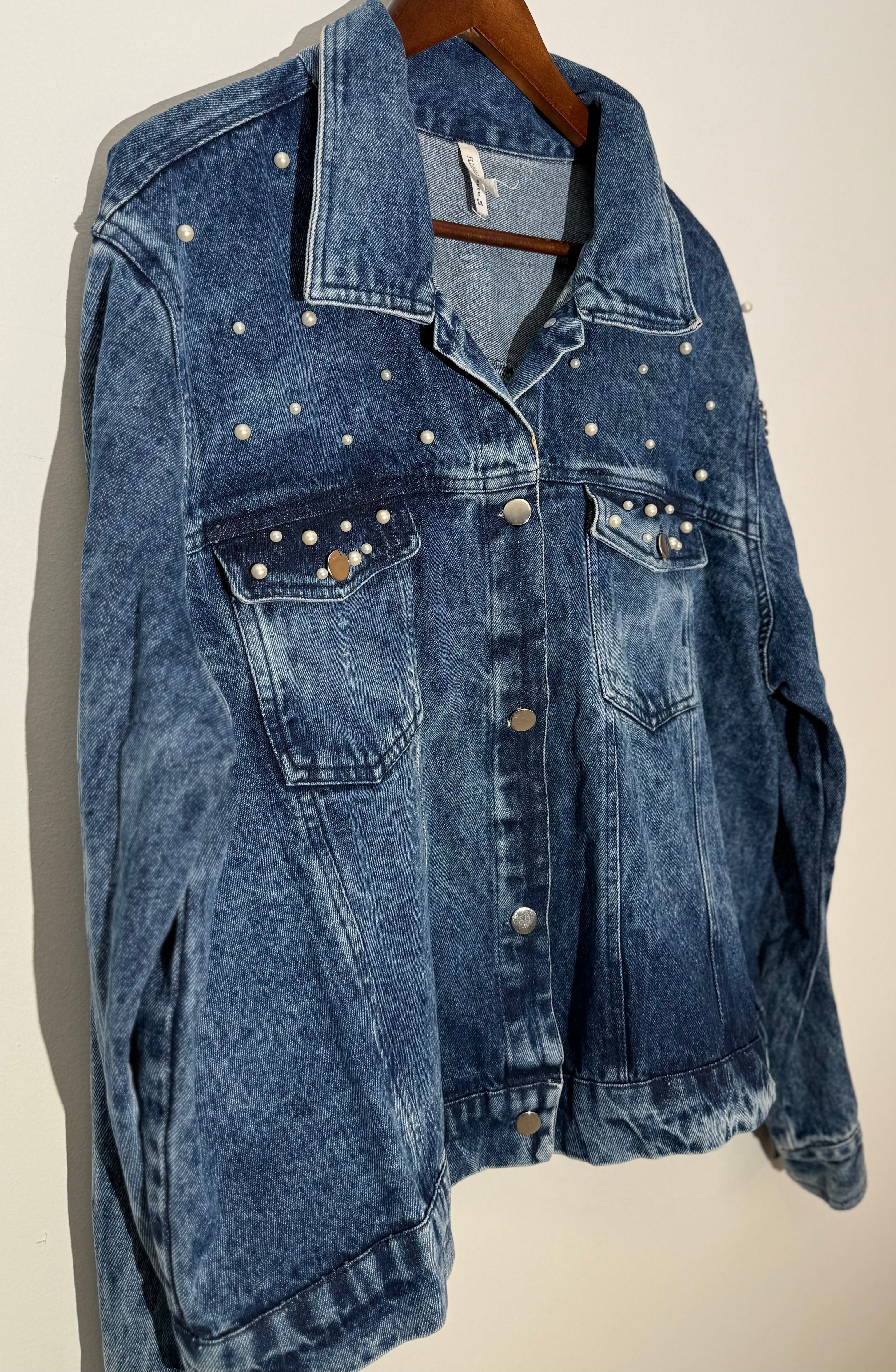 Denim Jacket Acid Wash Faux Pearl Embellished Denim Jacket Boxy Fit Size 2X