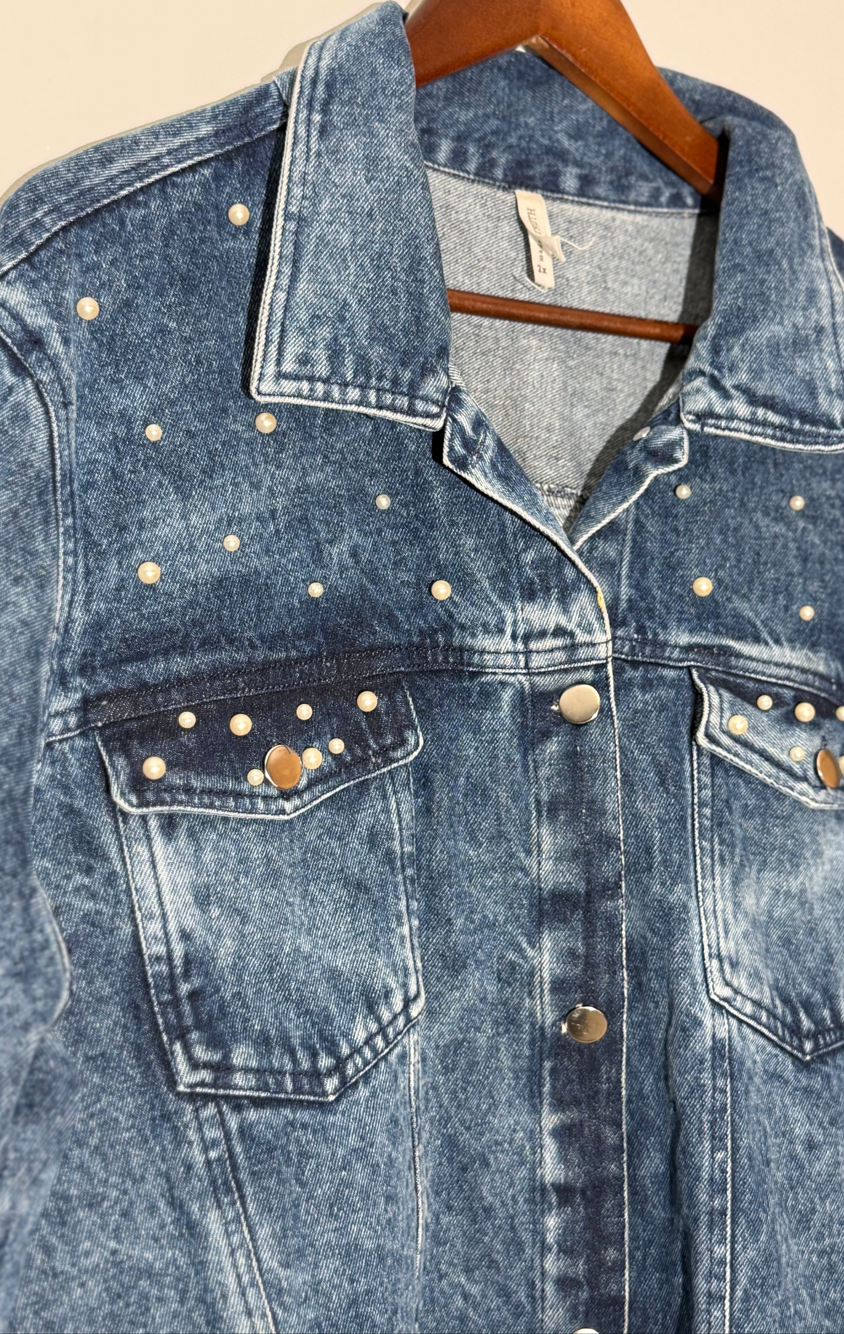 Denim Jacket Acid Wash Faux Pearl Embellished Denim Jacket Boxy Fit Size 2X