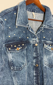 Denim Jacket Acid Wash Faux Pearl Embellished Denim Jacket Boxy Fit Size 2X