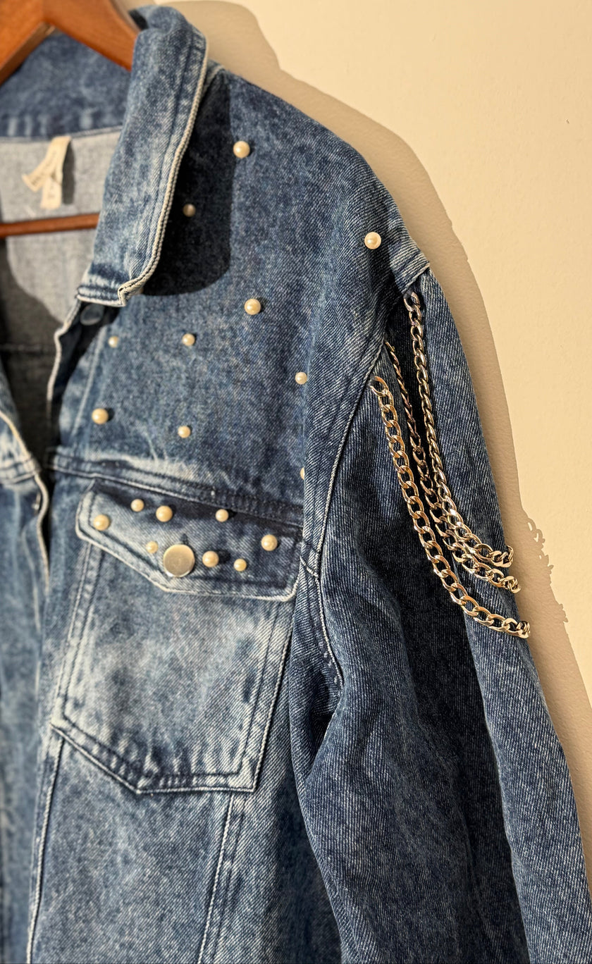 Denim Jacket Acid Wash Faux Pearl Embellished Denim Jacket Boxy Fit Size 2X