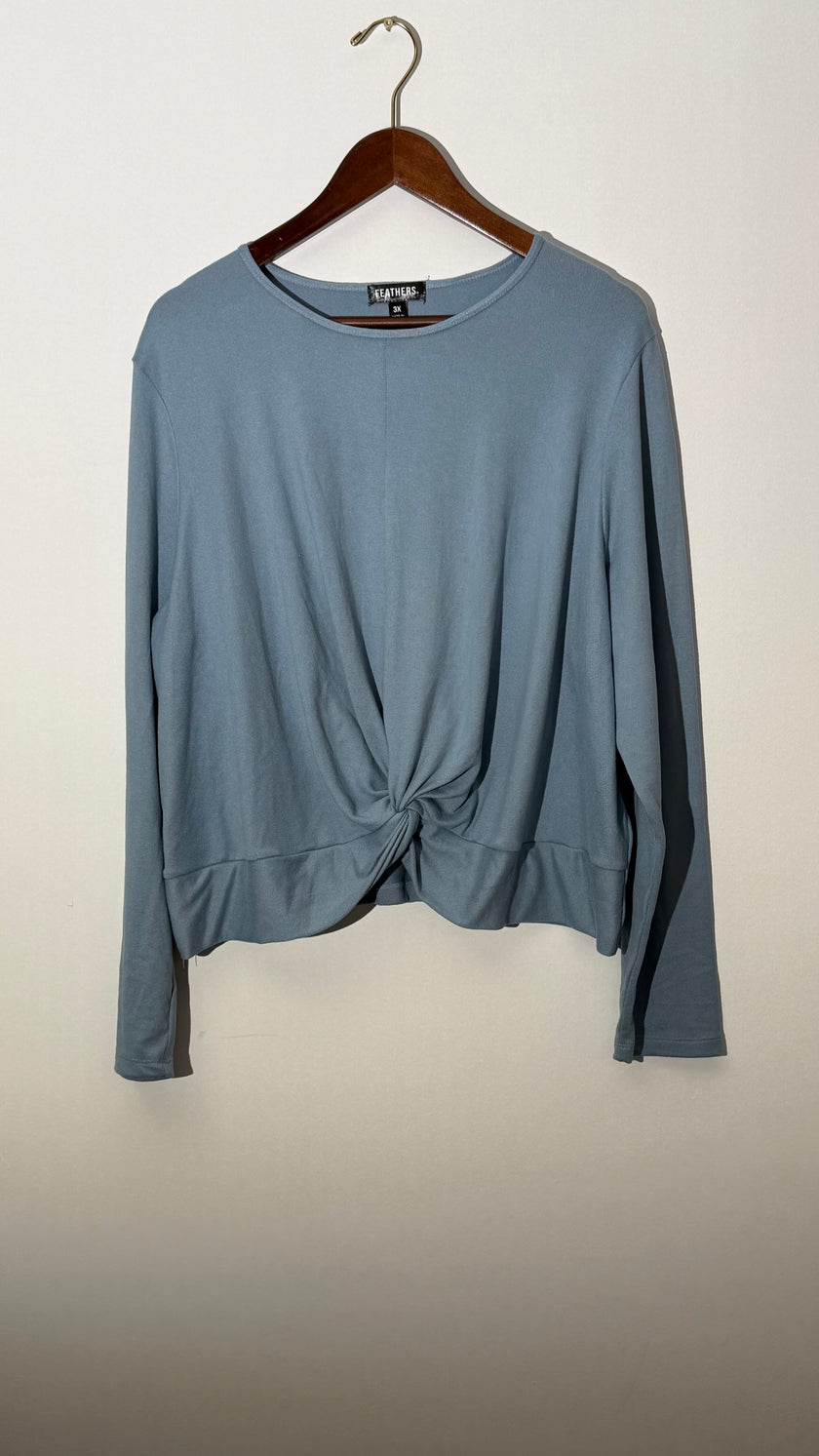 Feathers Light Blue Front Knot Twist Long Sleeve Ribbed Knit Top, Size 3X