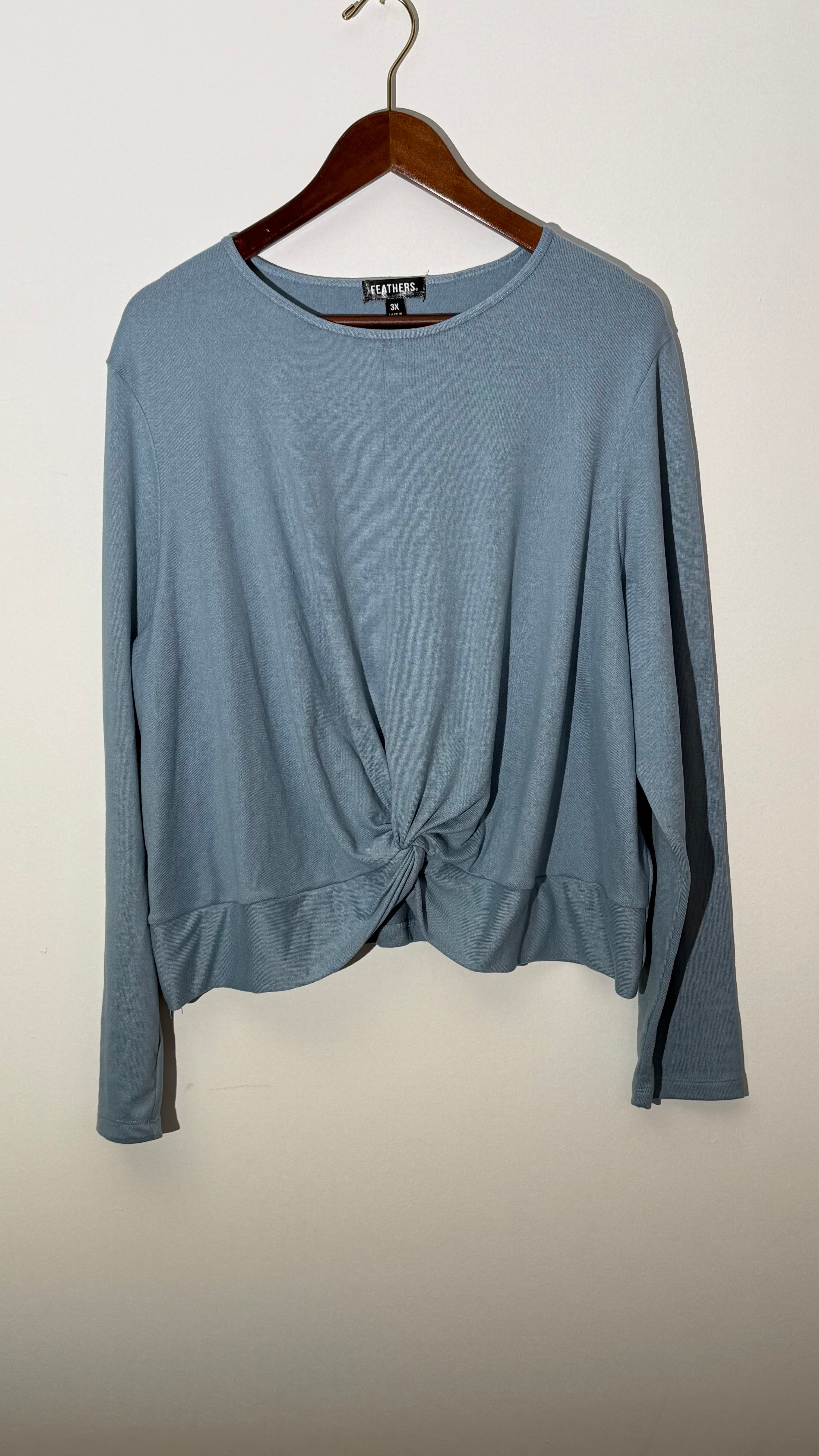Feathers Light Blue Front Knot Twist Long Sleeve Ribbed Knit Top, Size 3X