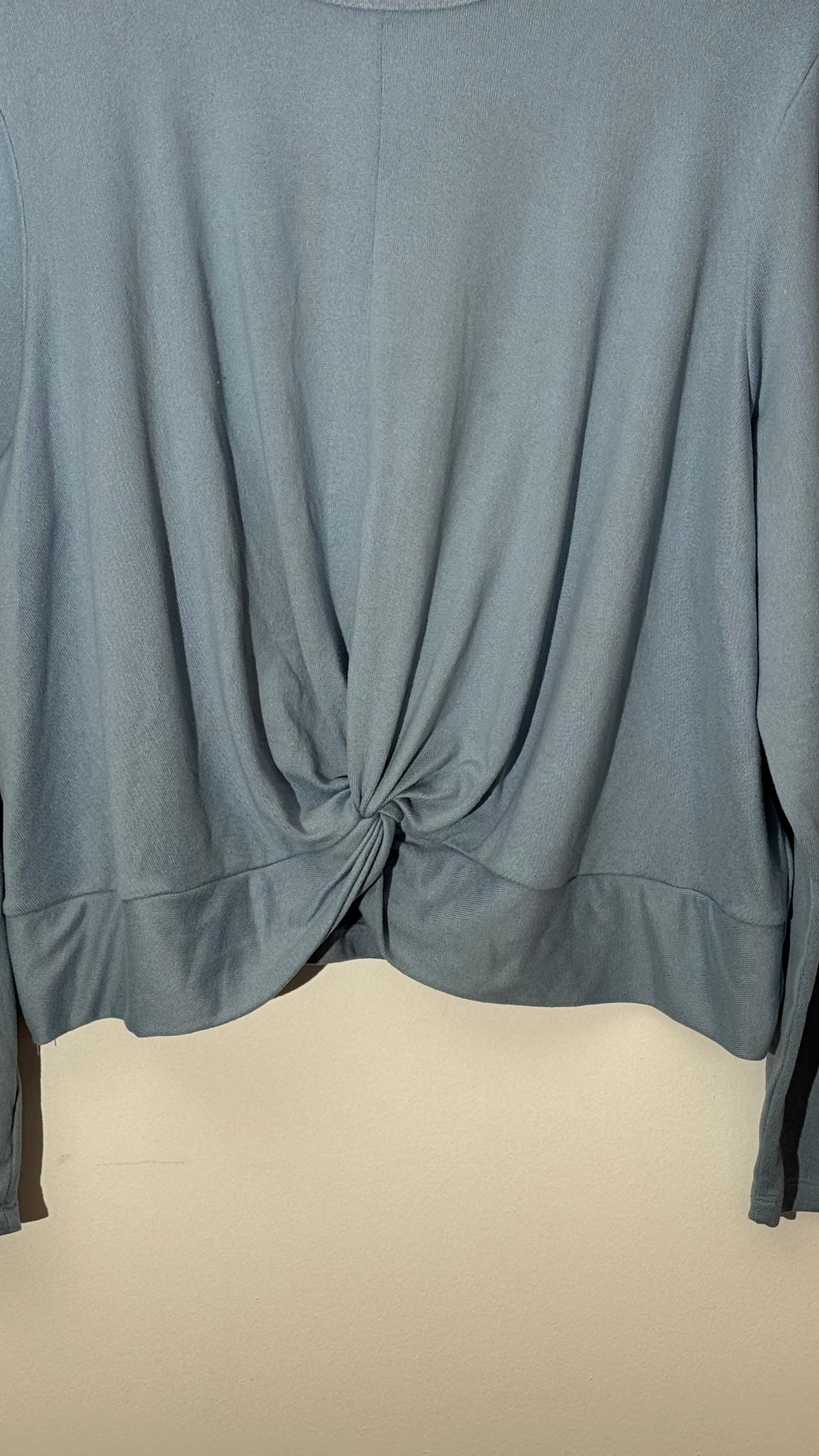 Feathers Light Blue Front Knot Twist Long Sleeve Ribbed Knit Top, Size 3X
