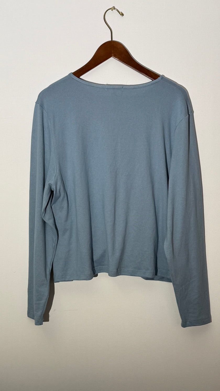 Feathers Light Blue Front Knot Twist Long Sleeve Ribbed Knit Top, Size 3X