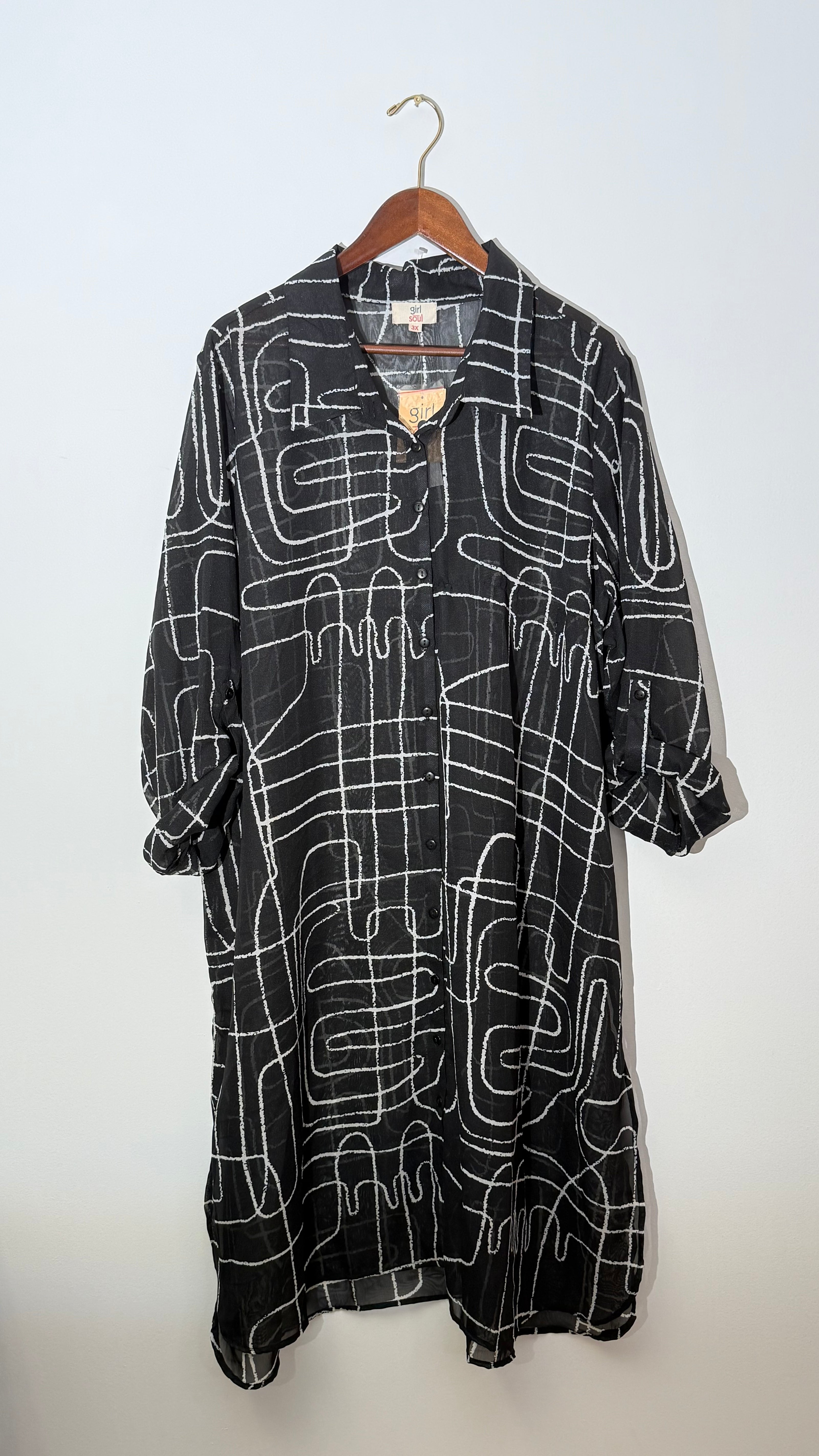 Girl Soul Black and White Abstract Print Sheer Button Down Longline Tunic, Size 3X