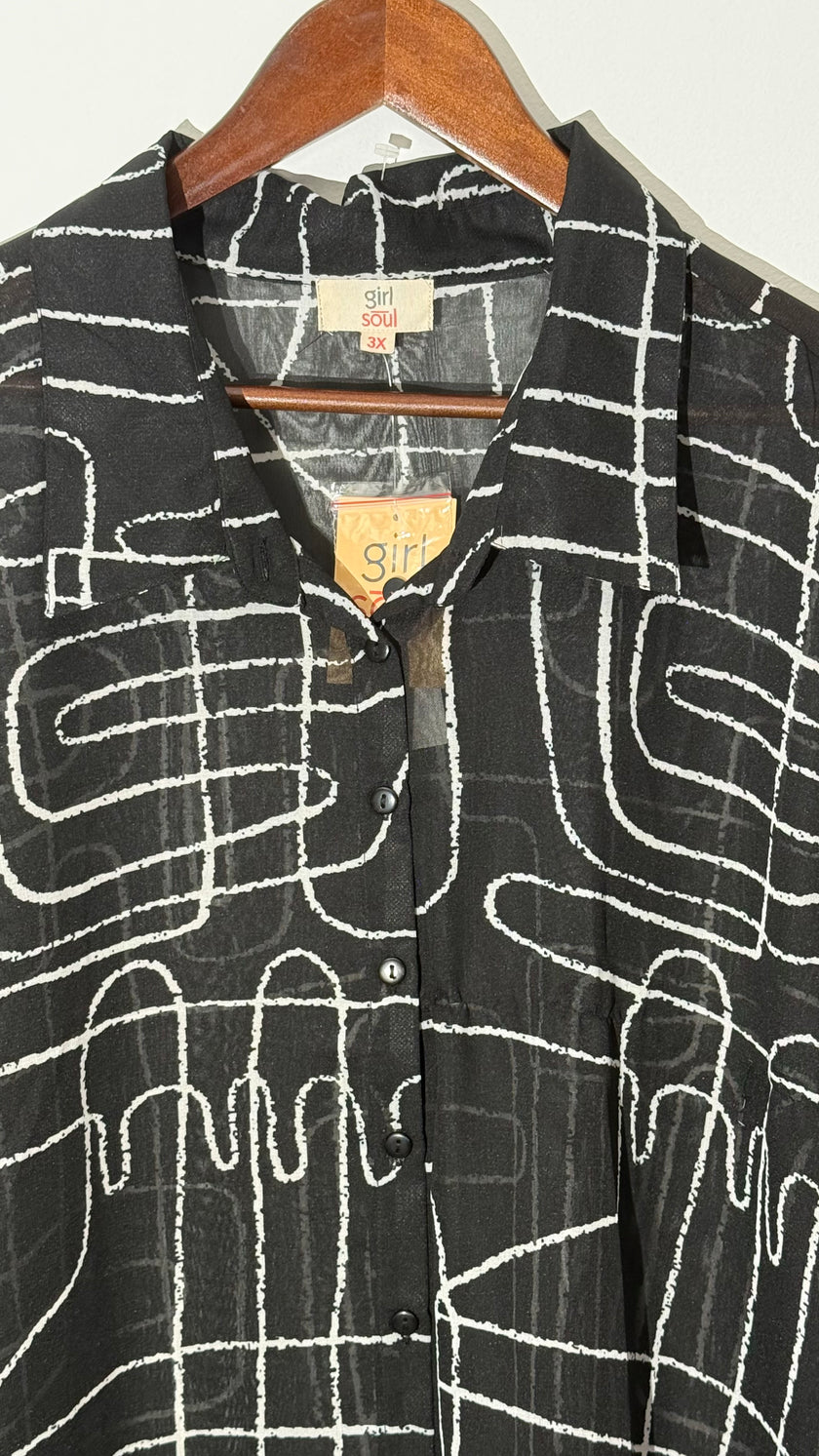 Girl Soul Black and White Abstract Print Sheer Button Down Longline Tunic, Size 3X