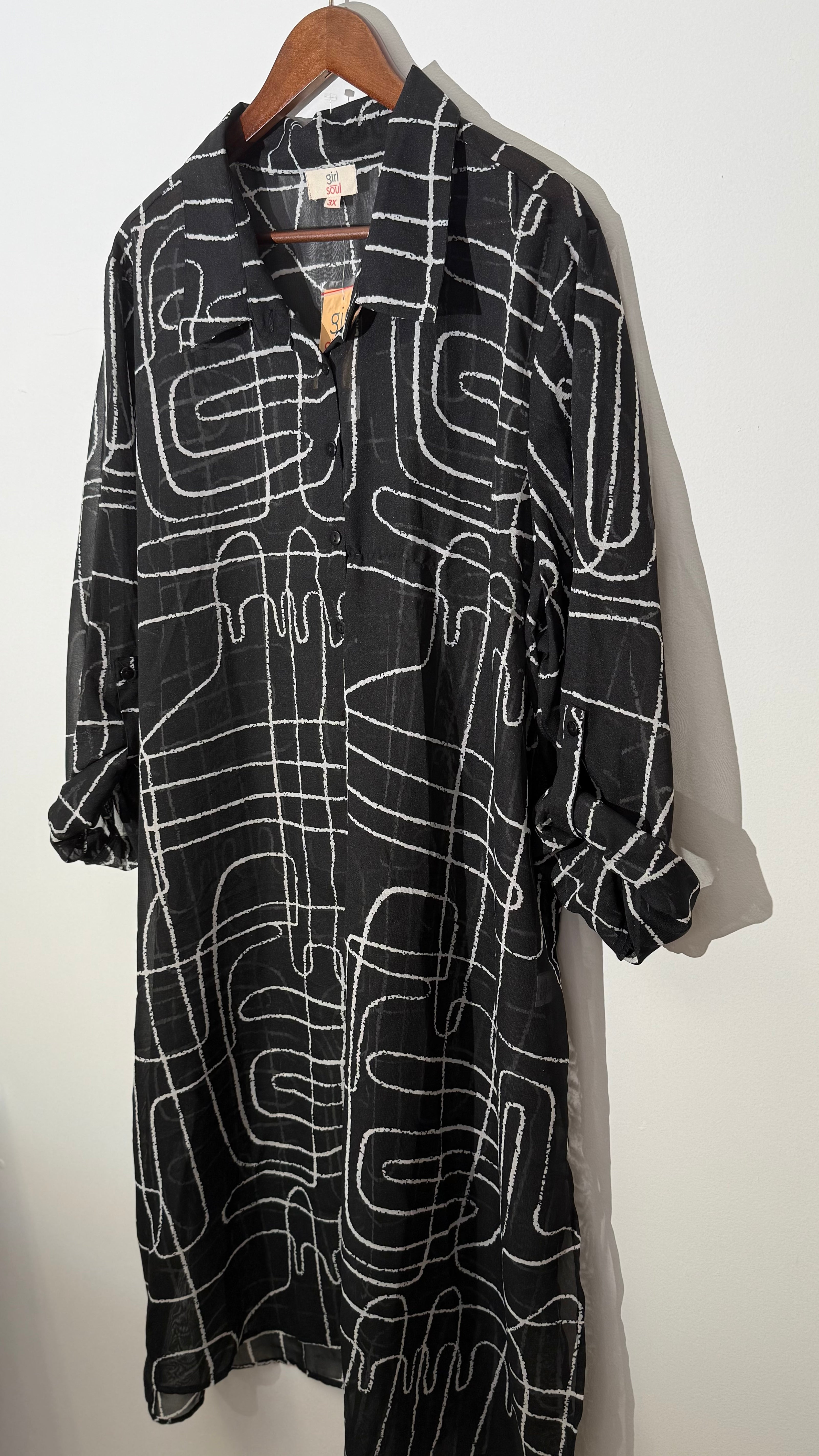 Girl Soul Black and White Abstract Print Sheer Button Down Longline Tunic, Size 3X