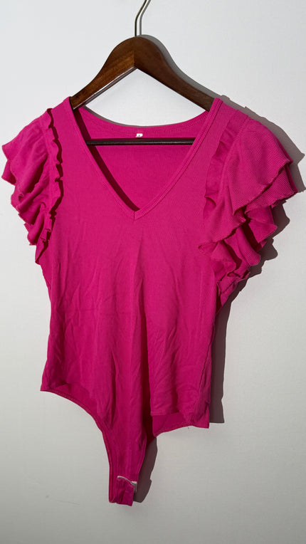 Hot Pink Ribbed V-Neck Ruffle Sleeve Bodysuit, Large