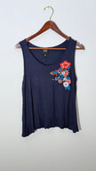 W5 Navy Floral Embroidered Scoop Neck Sleeveless Knit Tank Top, Size Medium