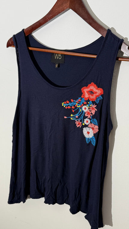 W5 Navy Floral Embroidered Scoop Neck Sleeveless Knit Tank Top, Size Medium