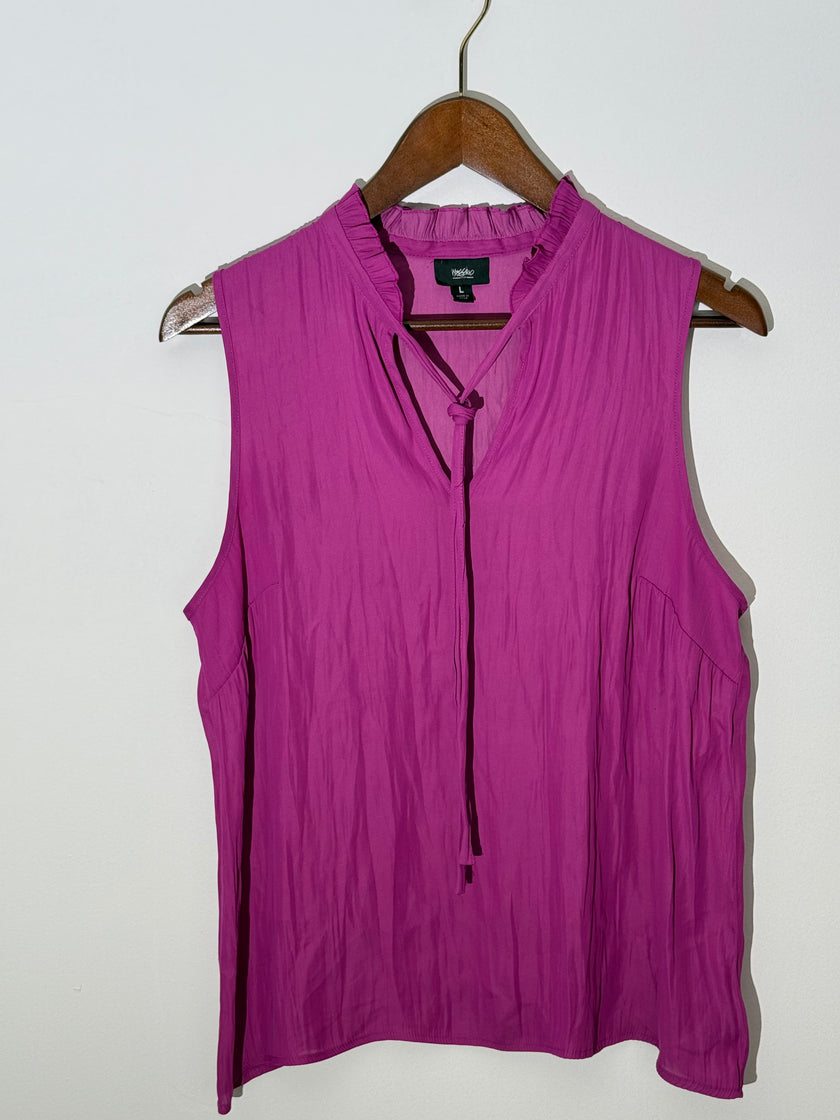 Mossimo Magenta Textured Ruffle Mock Neck Tie Front Sleeveless Blouse, Size Large