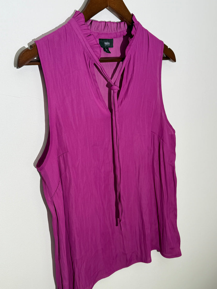 Mossimo Magenta Textured Ruffle Mock Neck Tie Front Sleeveless Blouse, Size Large