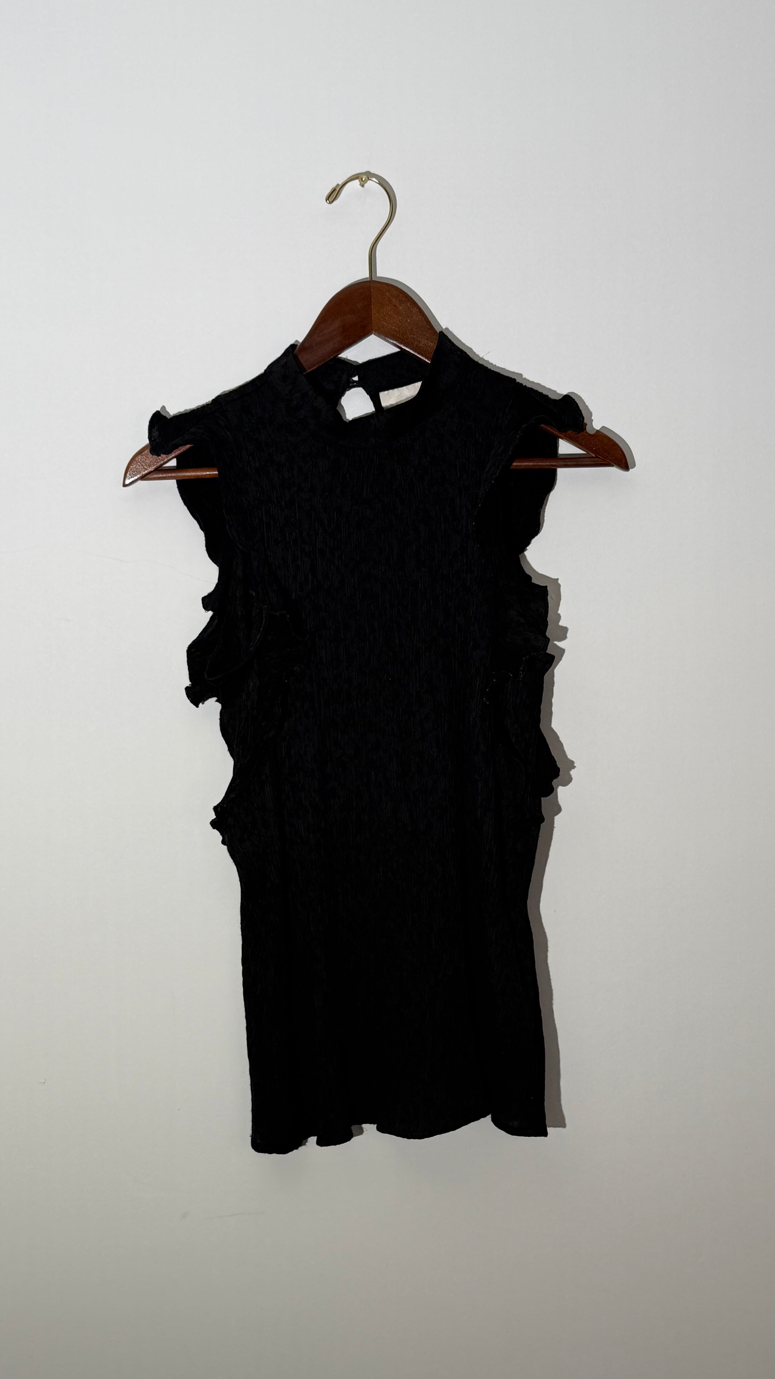 Maeve by Anthropologie Black Textured Mock Neck Ruffle Trim Sleeveless Blouse, Small