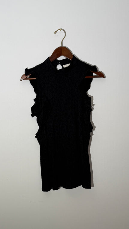 Maeve by Anthropologie Black Textured Mock Neck Ruffle Trim Sleeveless Blouse, Small