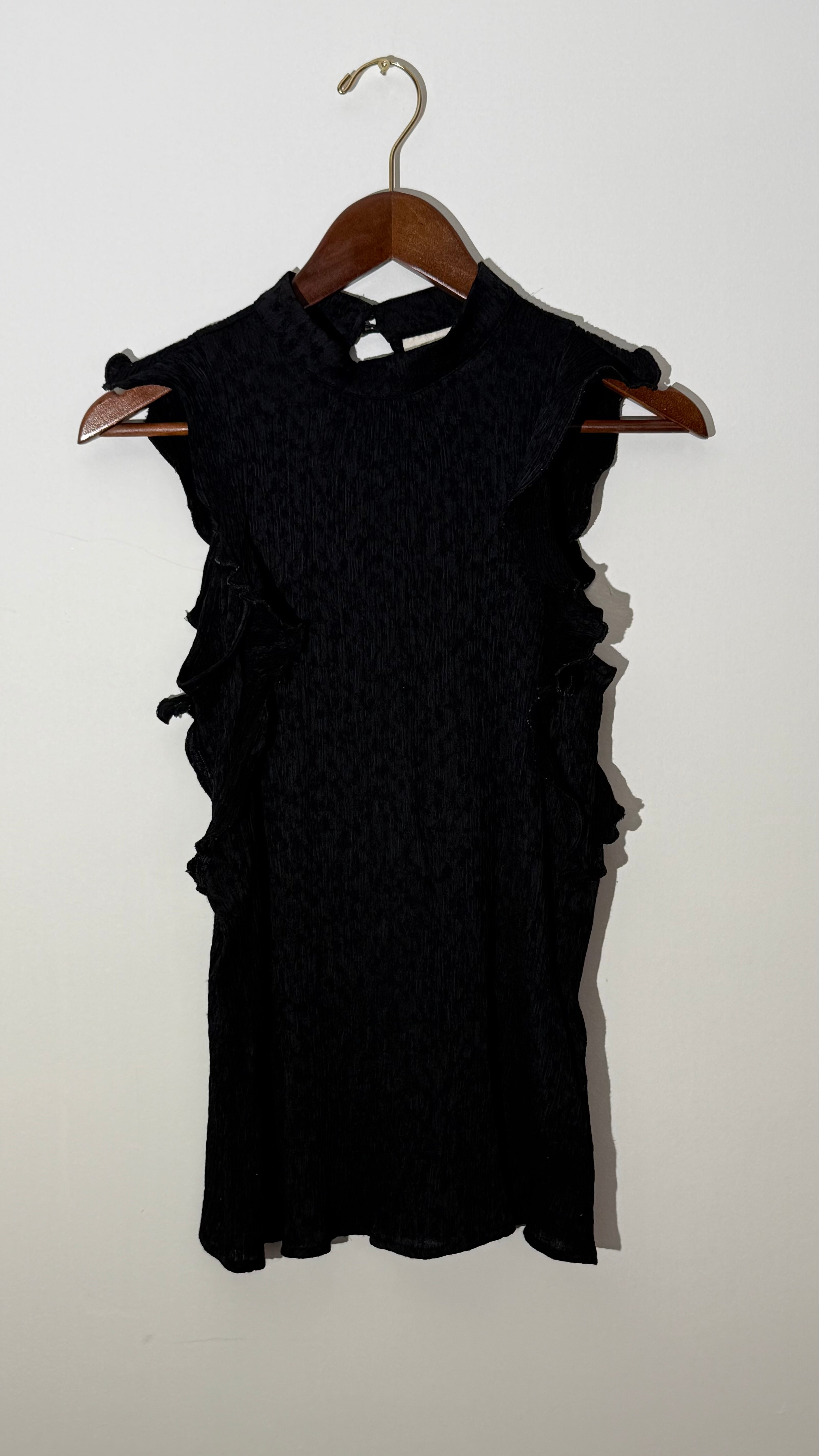 Maeve by Anthropologie Black Textured Mock Neck Ruffle Trim Sleeveless Blouse, Small
