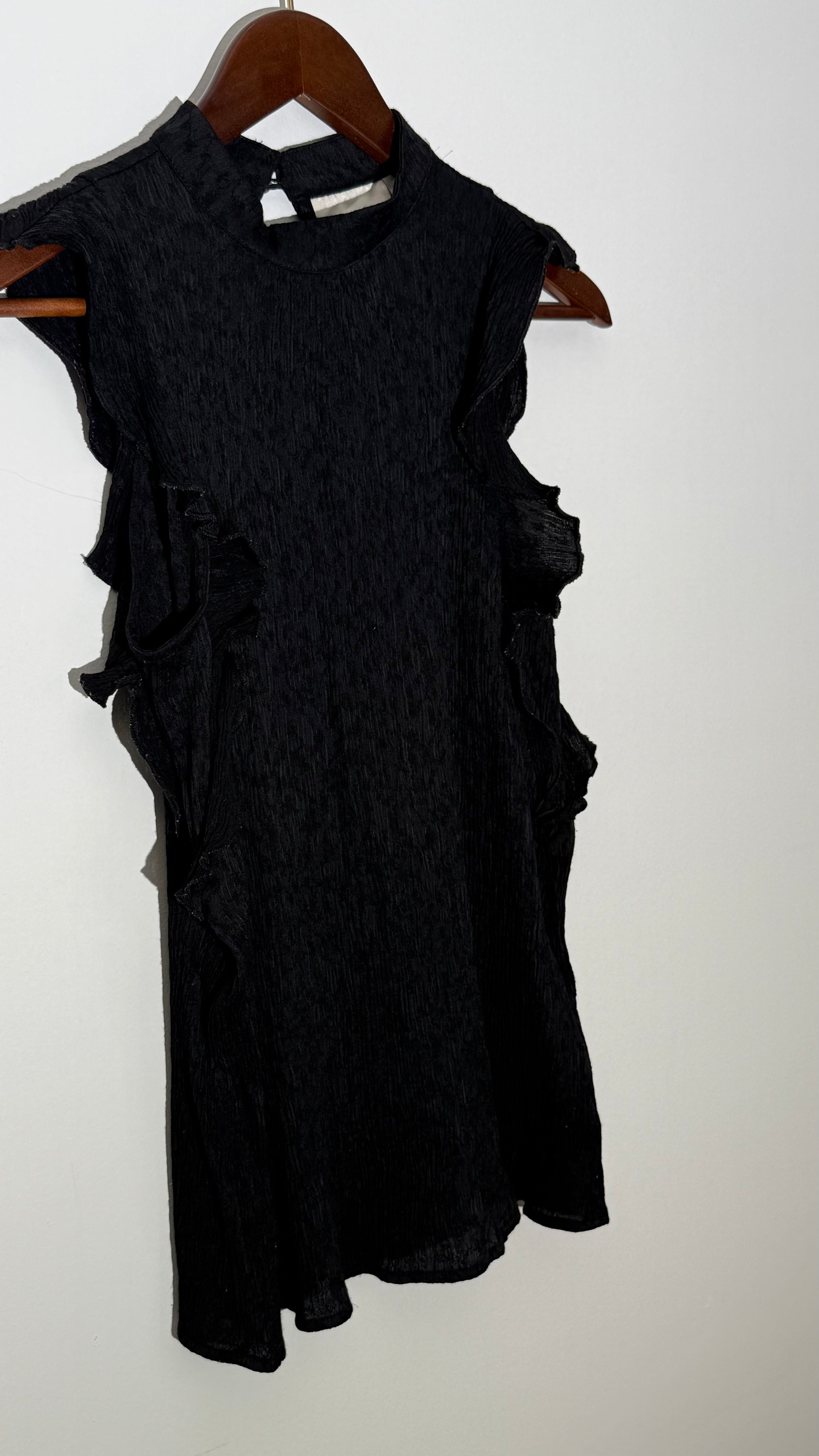 Maeve by Anthropologie Black Textured Mock Neck Ruffle Trim Sleeveless Blouse, Small