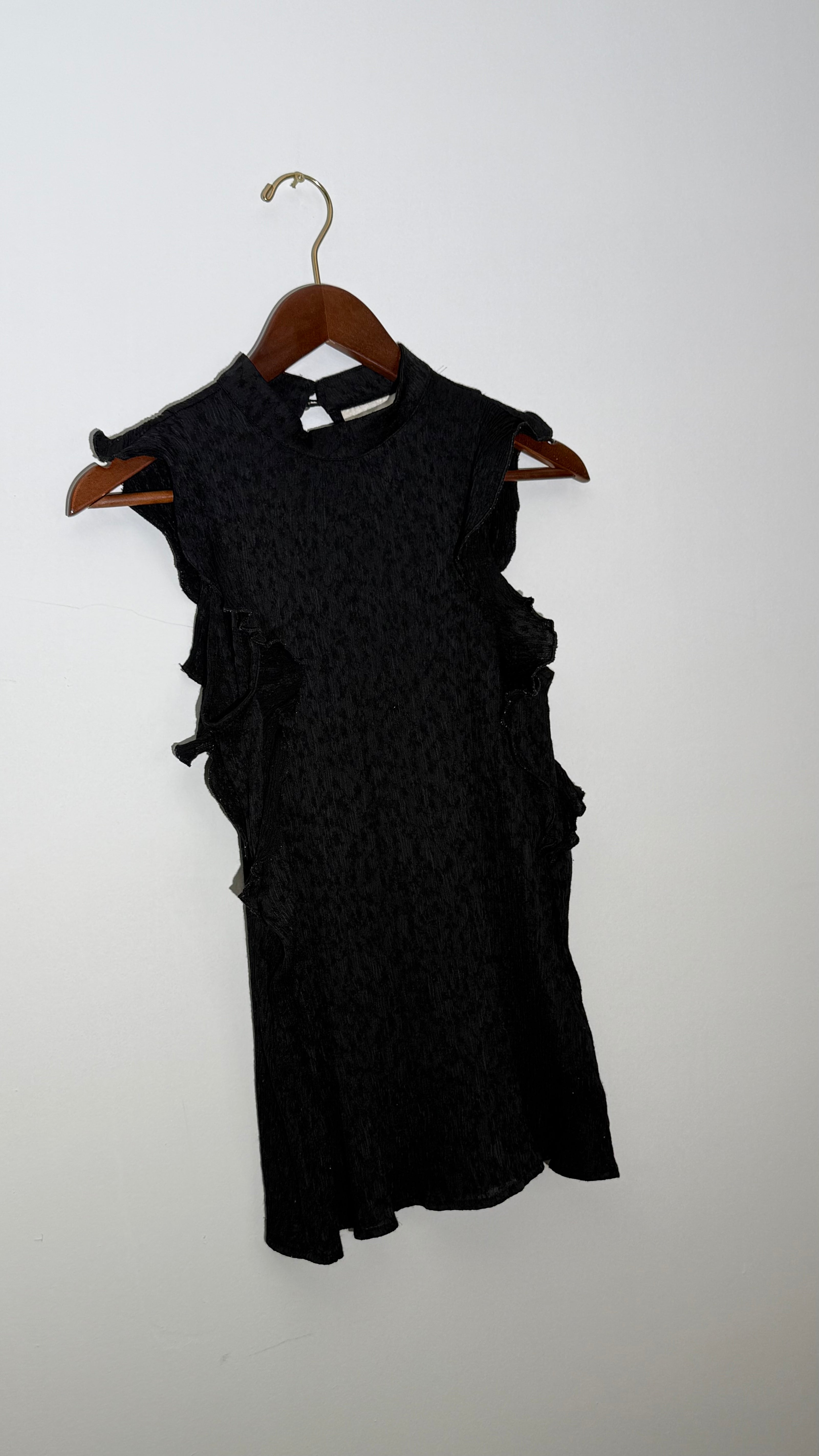 Maeve by Anthropologie Black Textured Mock Neck Ruffle Trim Sleeveless Blouse, Small