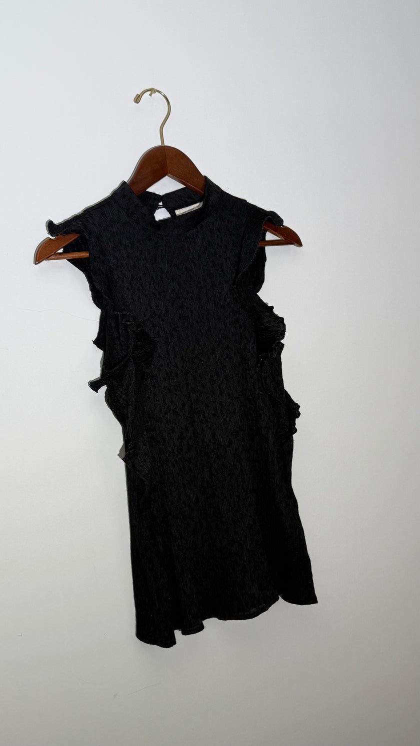 Maeve by Anthropologie Black Textured Mock Neck Ruffle Trim Sleeveless Blouse, Small