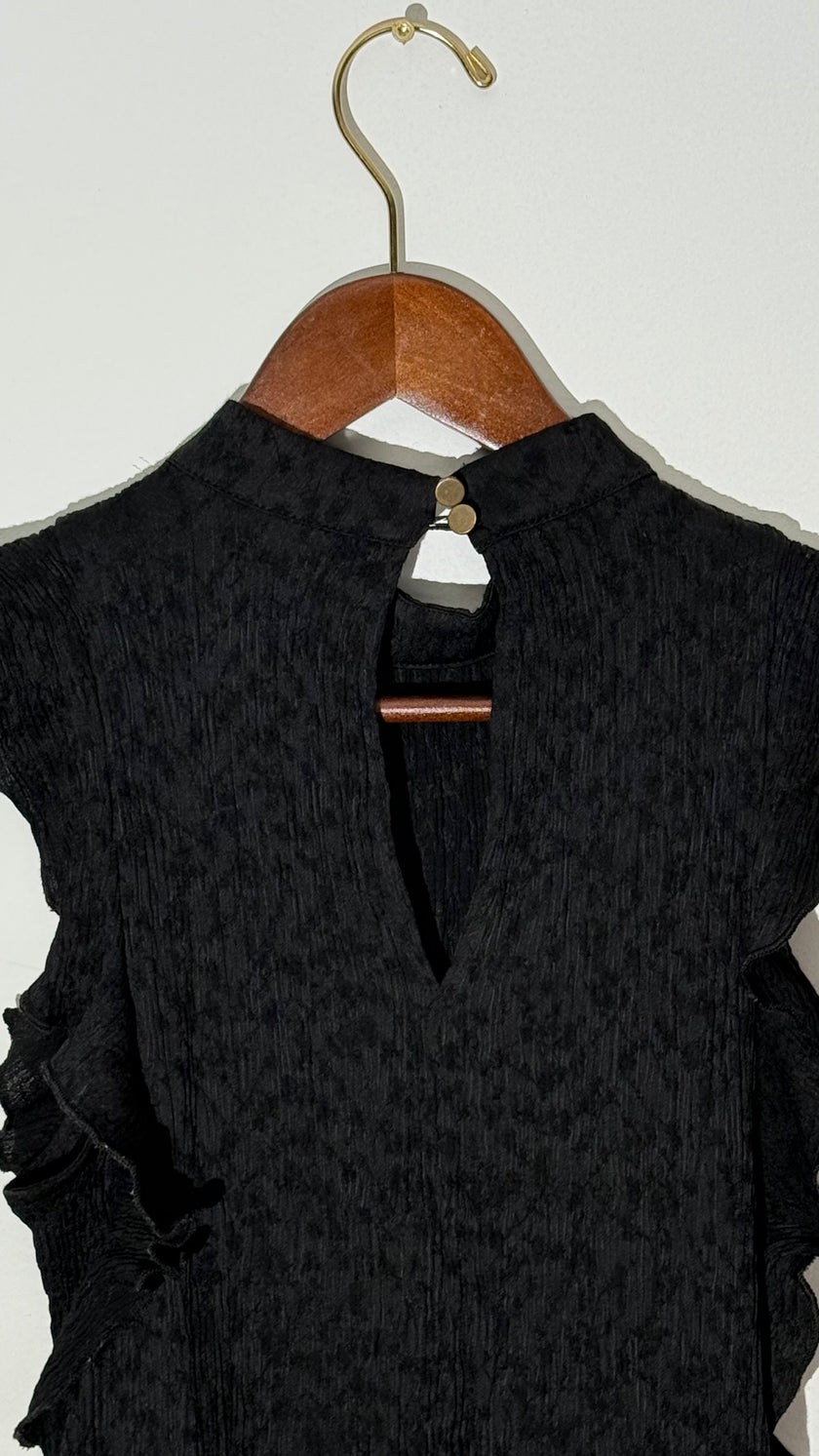 Maeve by Anthropologie Black Textured Mock Neck Ruffle Trim Sleeveless Blouse, Small