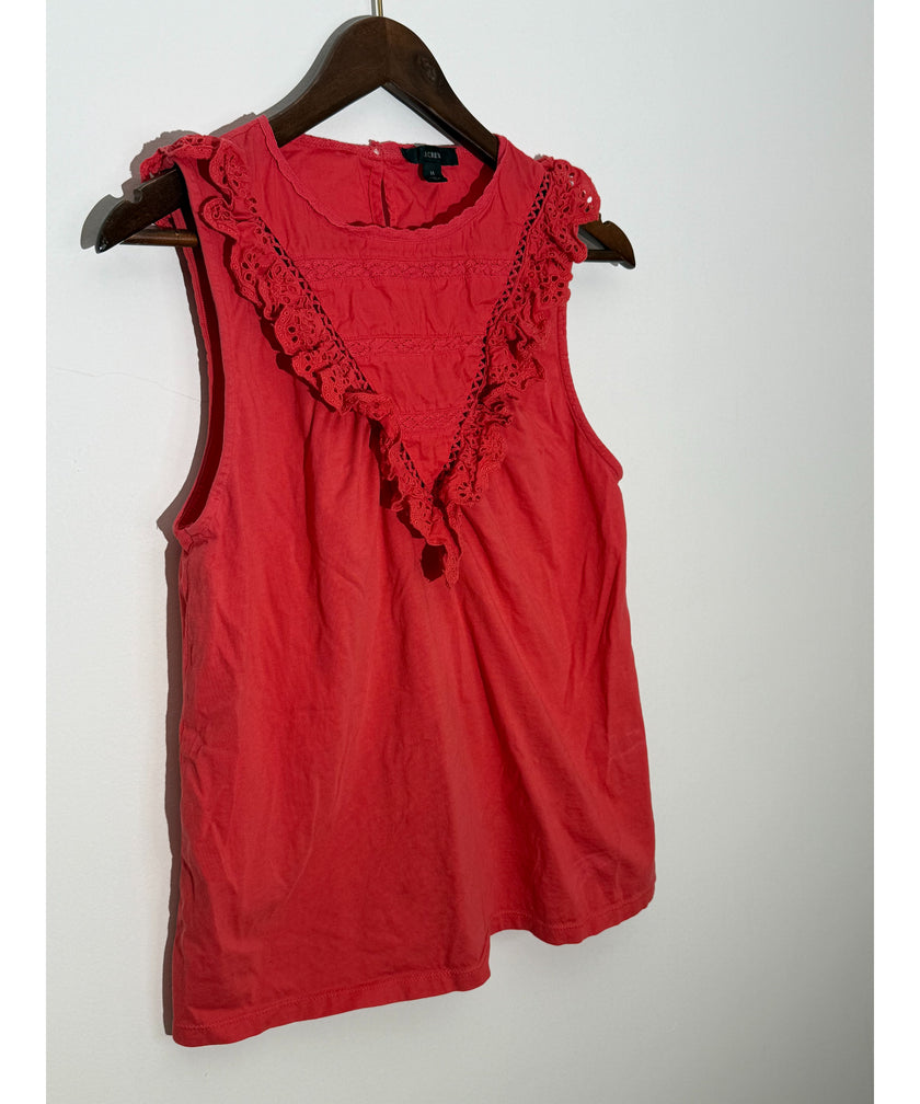 J. Crew Red Eyelet Ruffle Trim Sleeveless Top Regular Fit Size Medium