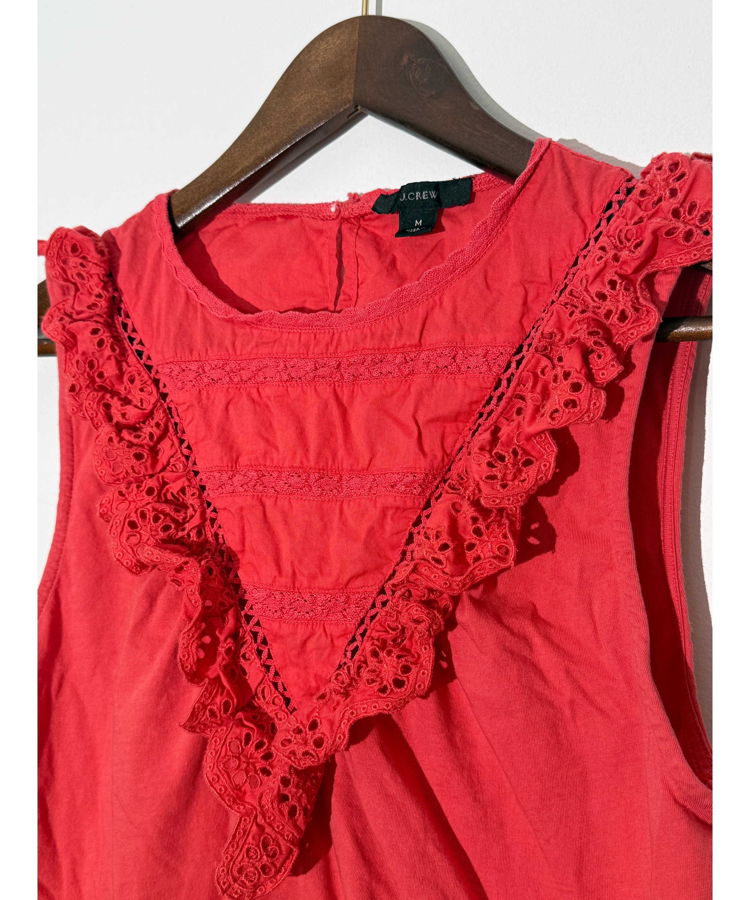 J. Crew Red Eyelet Ruffle Trim Sleeveless Top Regular Fit Size Medium