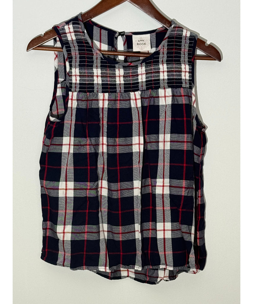 Knox Rose Navy Blue and Red Plaid Smocked Sleeveless Blouse Regular Fit Size Medium