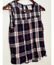 Knox Rose Navy Blue and Red Plaid Smocked Sleeveless Blouse Regular Fit Size Medium