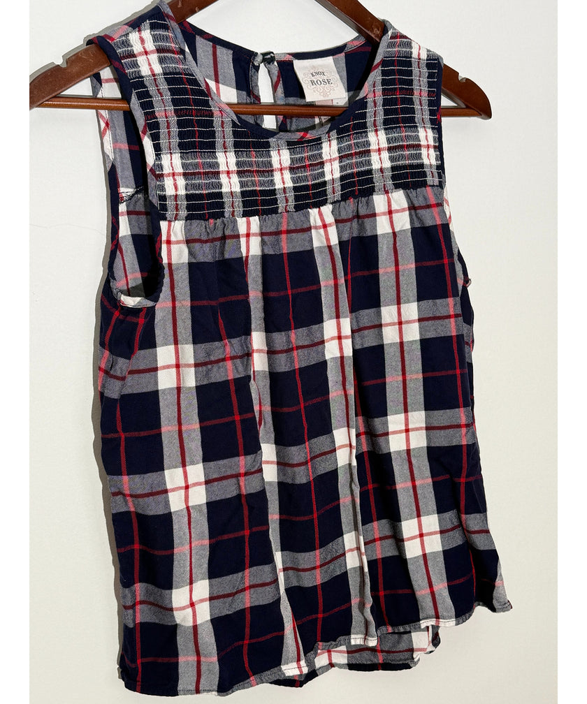 Knox Rose Navy Blue and Red Plaid Smocked Sleeveless Blouse Regular Fit Size Medium