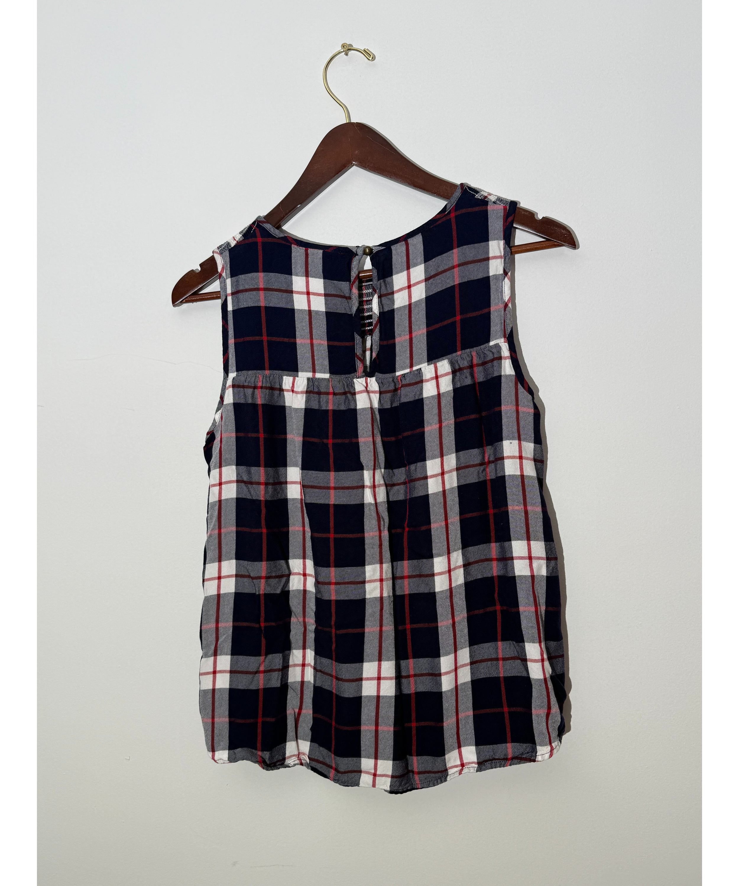 Knox Rose Navy Blue and Red Plaid Smocked Sleeveless Blouse Regular Fit Size Medium