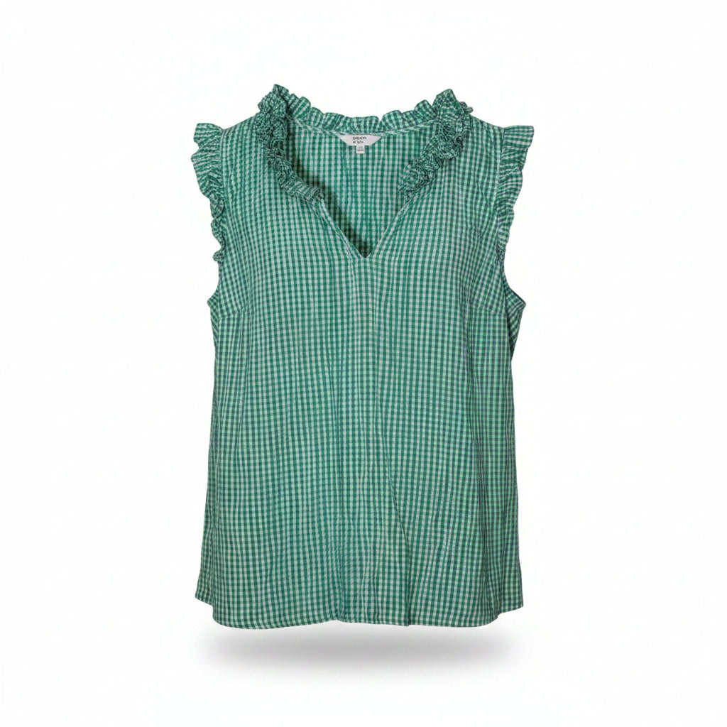 Crown & Ivy Green Gingham Ruffle V-Neck Sleeveless Top Regular Fit Size Medium