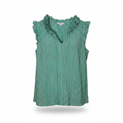 Crown & Ivy Green Gingham Ruffle V-Neck Sleeveless Top Regular Fit Size Medium