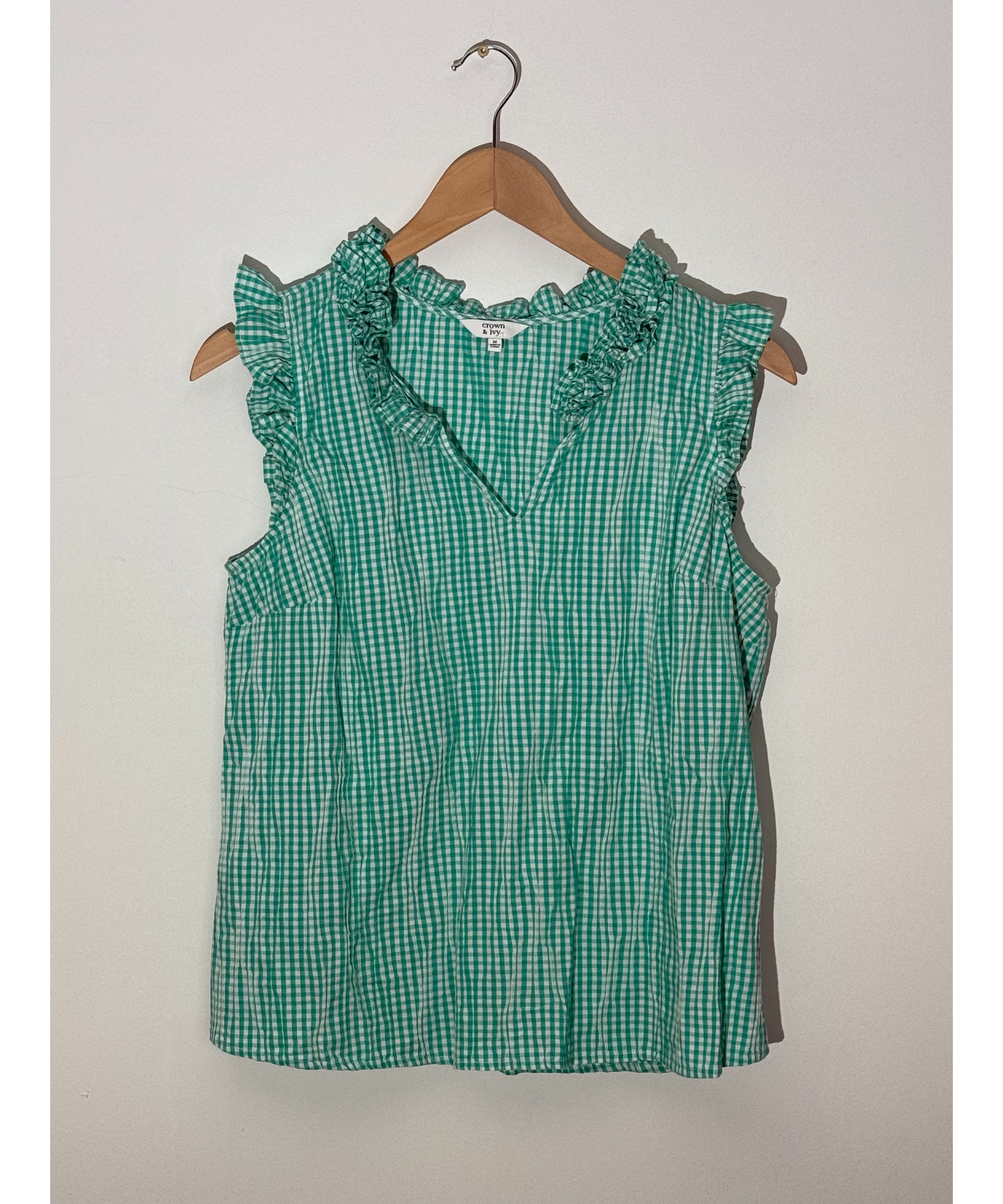 Crown & Ivy Green Gingham Ruffle V-Neck Sleeveless Top Regular Fit Size Medium