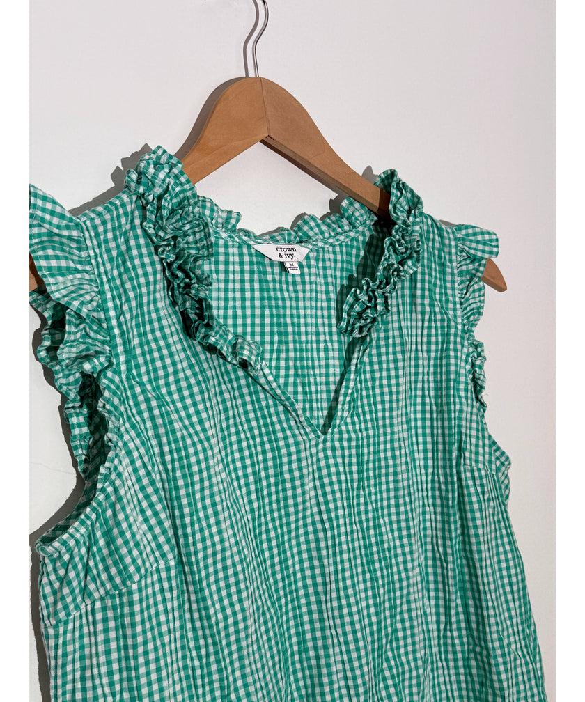 Crown & Ivy Green Gingham Ruffle V-Neck Sleeveless Top Regular Fit Size Medium