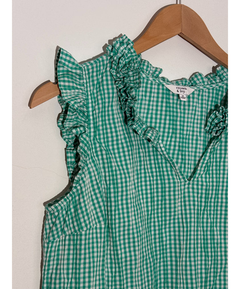Crown & Ivy Green Gingham Ruffle V-Neck Sleeveless Top Regular Fit Size Medium