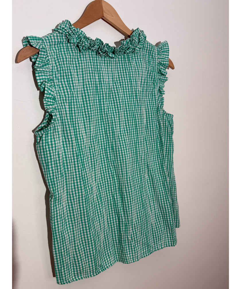 Crown & Ivy Green Gingham Ruffle V-Neck Sleeveless Top Regular Fit Size Medium