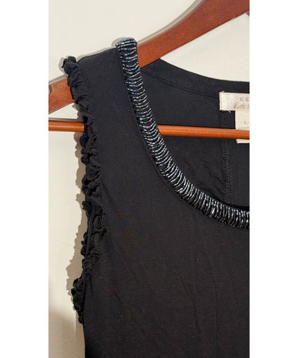Kenar Black Beaded Scoop Neck Ruffle Sleeve Ruched Back Tank Top Size Large