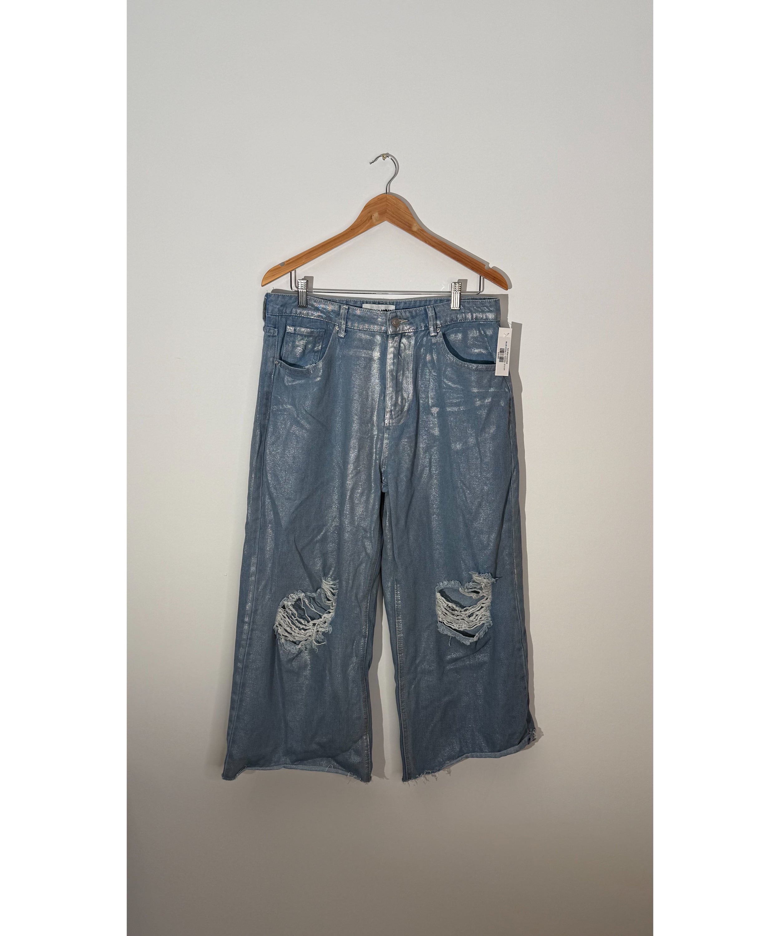 Fashion Nova Blue Metallic Distressed Wide Leg Jeans, Full Length, Size 13