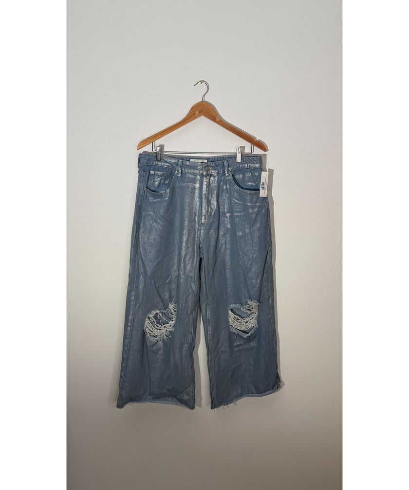 Fashion Nova Blue Metallic Distressed Wide Leg Jeans, Full Length, Size 13
